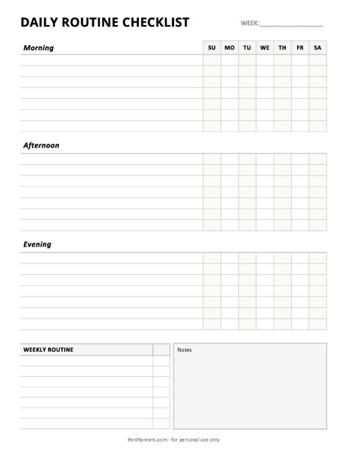 Daily Routine Checklist (Sunday Start)