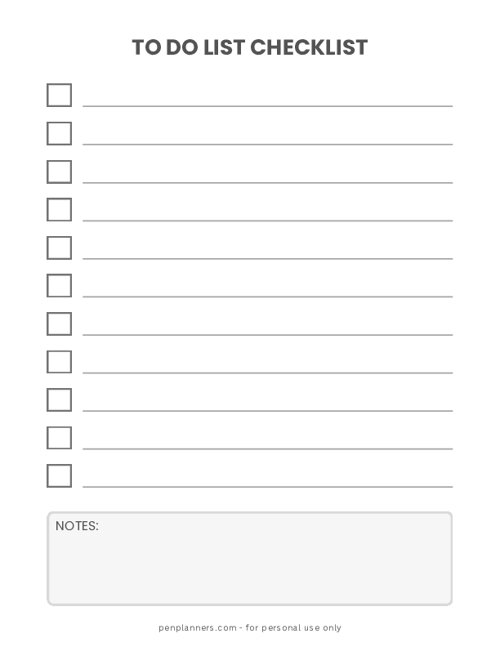 To Do Checklist with Notes Section