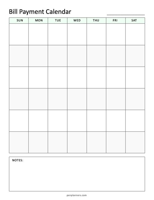 Monthly Bill Payment Calendar