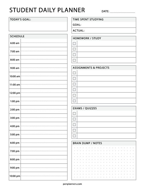 Student daily planner template with class schedule and assignment tracker