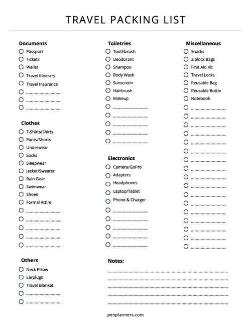 Travel Packing List Template