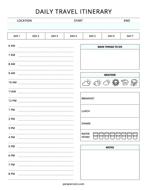 Daily Travel Itinerary Template
