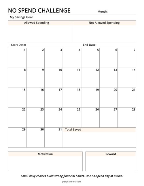 No Spend Challenge Calendar